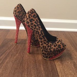 Leopard Open Toe Stilettos with Red Heel