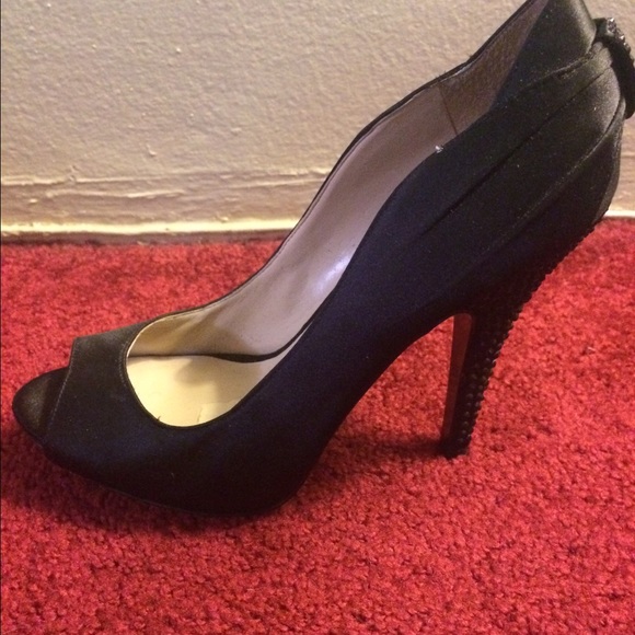 ‼️REDUCED‼️Black Peep Toe Pumps w/Rhinestone Heels - Picture 3 of 3