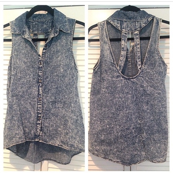Faux denim tank with cut-outs in the back