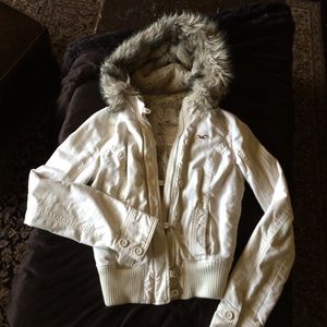 Hollister Cream Bomber Jacket with Faux Fur hood