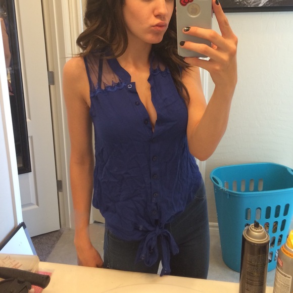 Lace button up + tie cobalt blue tank