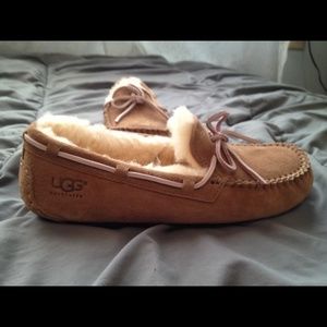 Brand new Ugg moccasins, tan with light pink tie