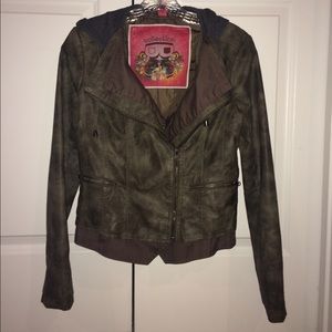 Leather Jacket with gray hood