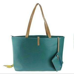 Womens Green Leather Tote Shoulder Handbag Purse