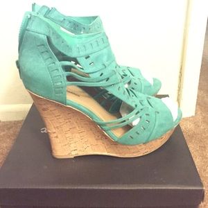 Sea green suede open toe wedge