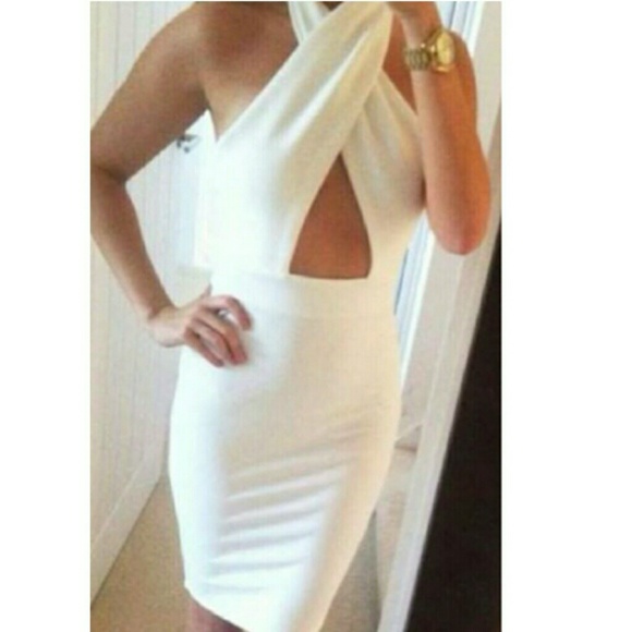 New White High Waist Cross Halter Party Dress