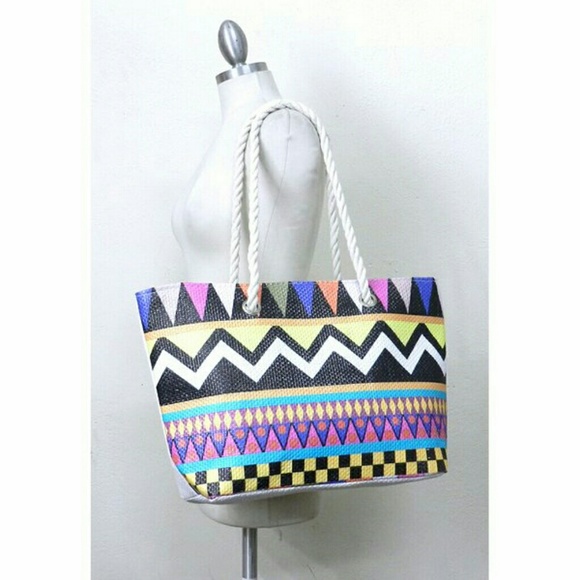 MULTI COLORED AZTEC PRINTED STRAW TOTE HANDBAG