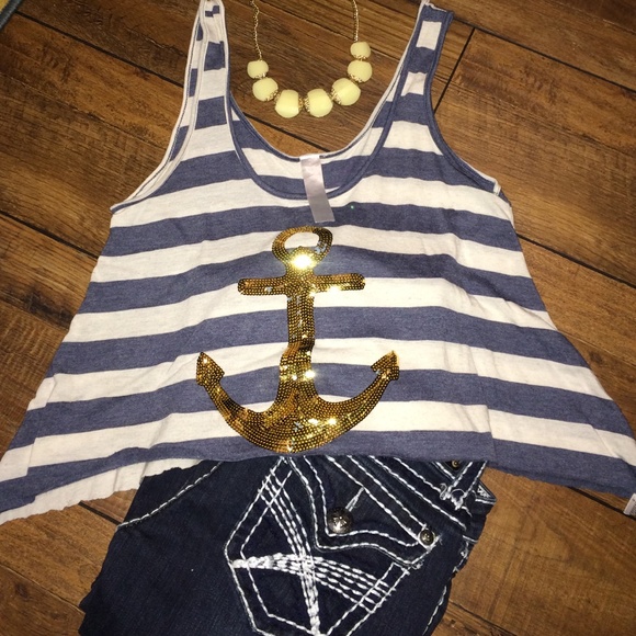 Striped nautical gold sequin anchor tank - Picture 1 of 4