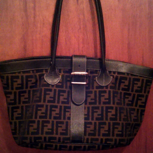 Auth Fendi zucca tote with leather trim & straps