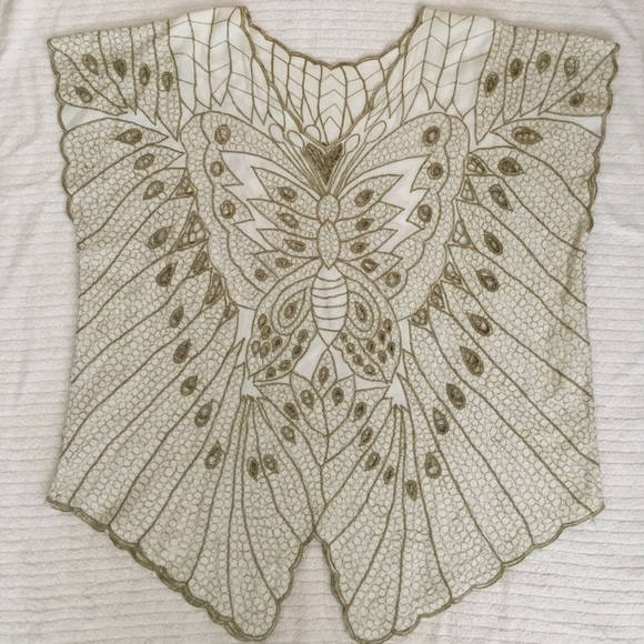 White Butterfly Top w/Olive Stitching (One Size)