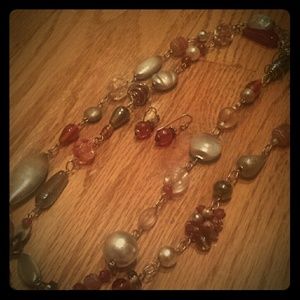 Red and grey beaded necklace and earrings set