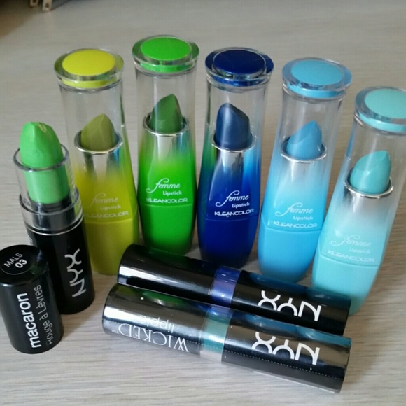 Blue and green shades of lipsticks set