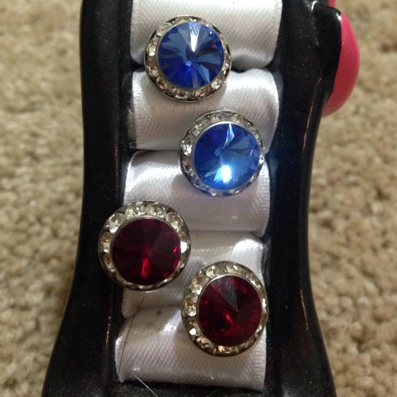 Red and blue fake diamond earrings.