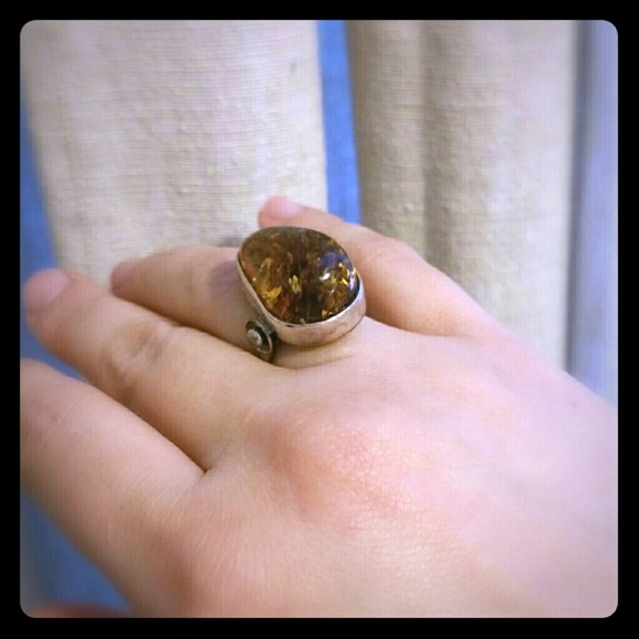 Amber and Sterling Silver Ring