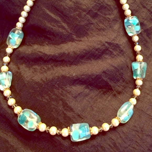 Blue and faux  white pearl necklace