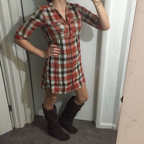 Orange and brown plaid dress