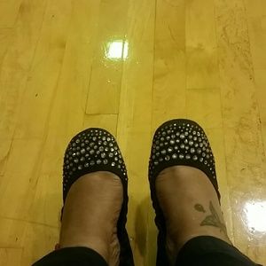 Black rhinestones comfy flats.