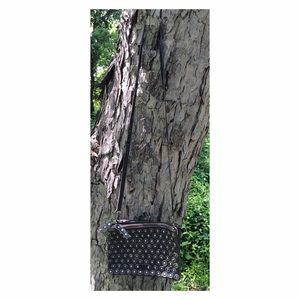 Beat up studded black Frye cross body purse