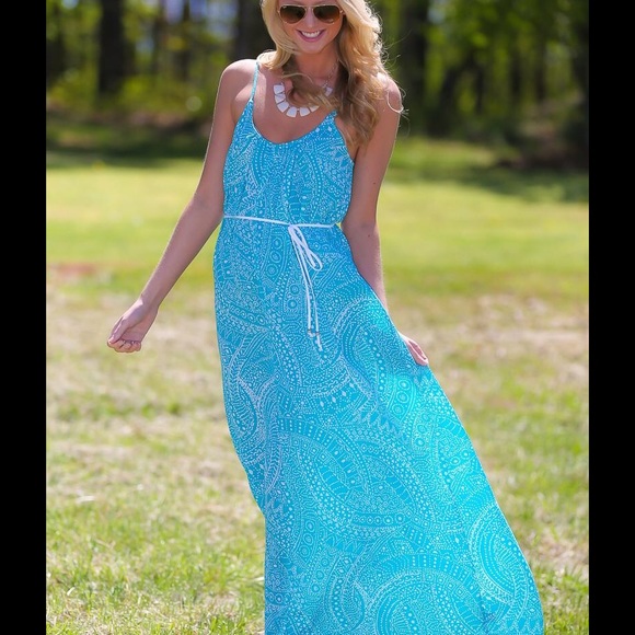 Aqua Blue Love Stitch Maxi Dress