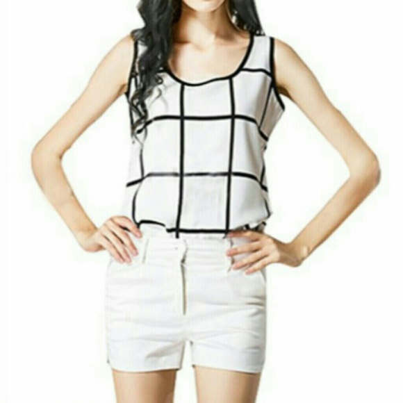Black White Sleeveless Chiffon Check Blouse