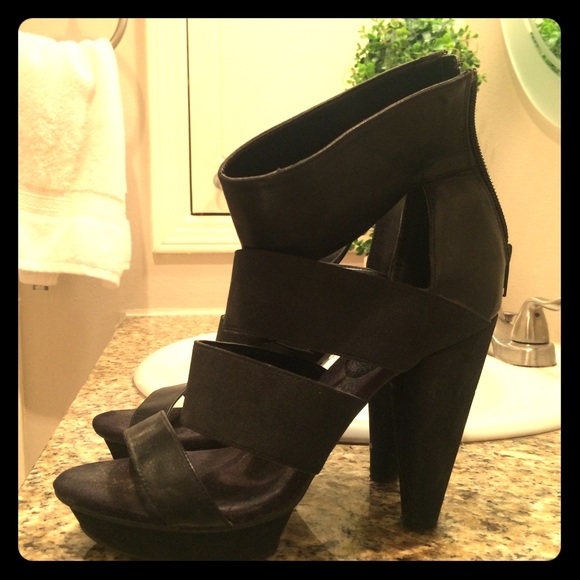 Black Vegan Leather Strappy Platform Heel Bootie