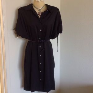 ANNE KLEIN black satin button down dress