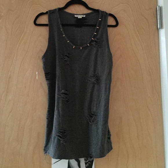 NWT dark grey distressed tank with spiked neckline