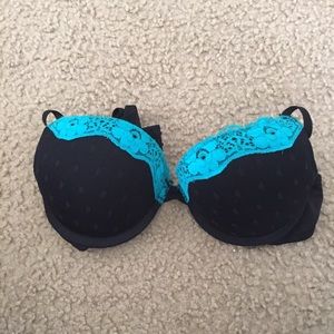 34A Black push up bra with blue lace trim