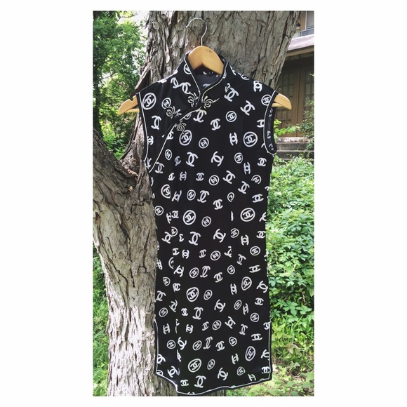 Chanel like print silk Asian style mini dress