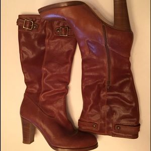 Coach Genuine Leather Stacked Heel Cognac Boots