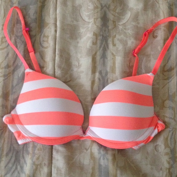 White and orange striped 32A bra