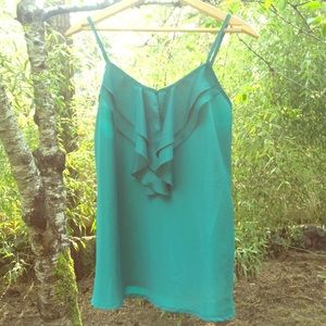 Satin emerald ruffle v-neck tank top