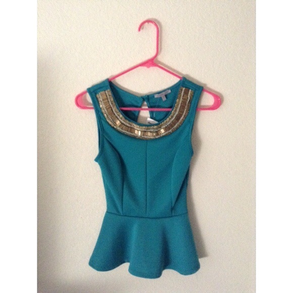 Embellished Turquoise Peplum Blouse