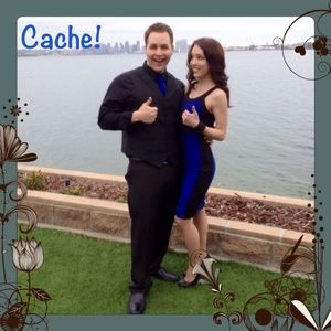 Cache cobalt blue black double lined bandage dress
