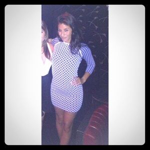 Torn by Ronny Kobo blue and white bodycon dress