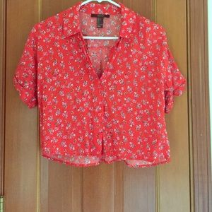 F21 red floral crop top button up