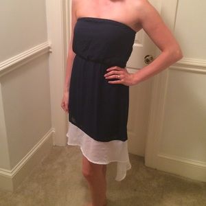 Navy blue and white high-low dress