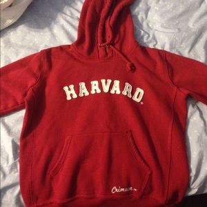red hooded Havard sweatshirt