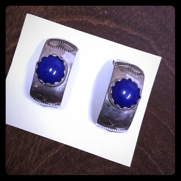 Silver Hoop Earrings with Beautiful Blue Stones