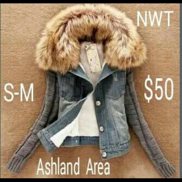 Sweater jean coat with fur