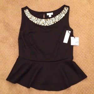Jeweled-neck Black Peplum Top