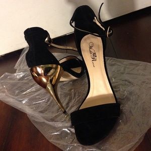 Black velvet high heeled strap sandals w/Gold heel