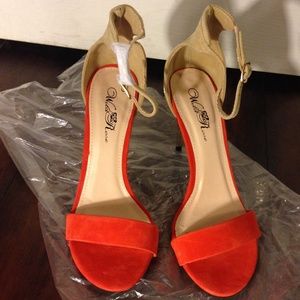 Orange strap sandal heels with Gold tone heel