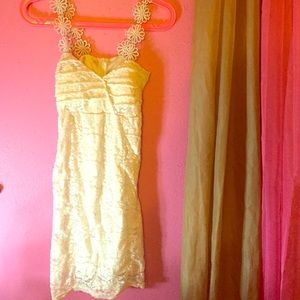 A white short flower print lace dress