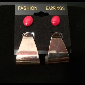 Vintage Pierced Fashion Earrings 2 Pair Red, Gold