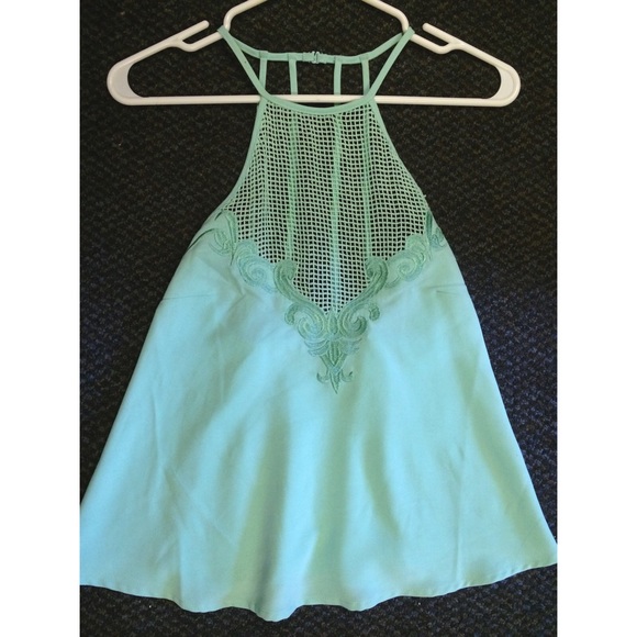 Mint Green Mesh Detailed Cage Back Tank Top - Picture 3 of 3