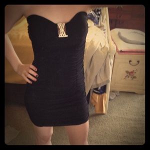 Black strapless cocktail dress with embellishment