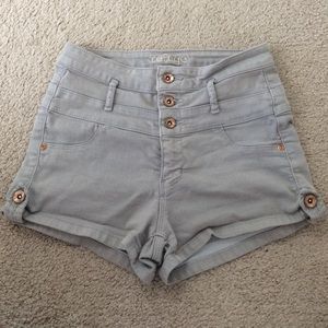 Gray high waisted 3 button shorts.