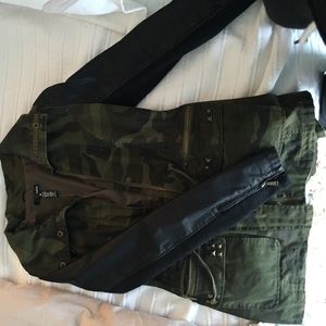 Aqua Army Jacket with Leather Sleeves