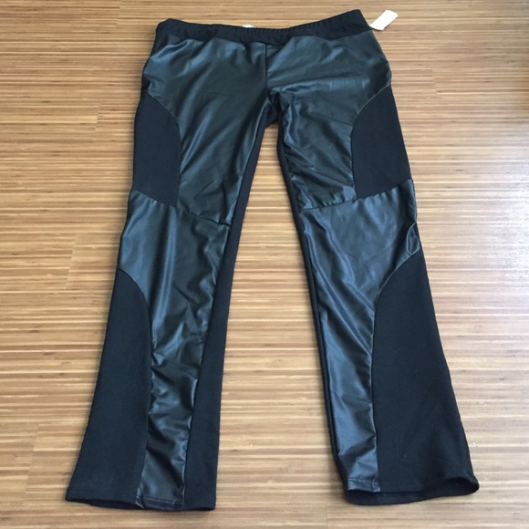 Black Leggings with Faux Leather Detail